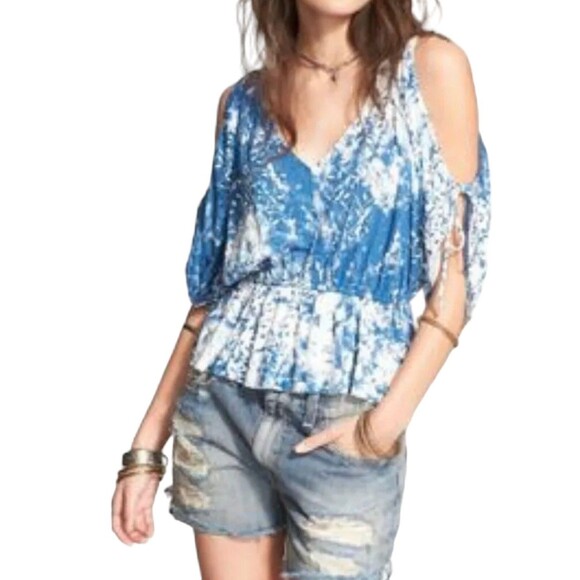 Free People Cold Shoulder Top Size XS Indigo Abracadabra Peplum Boho Blue White - Picture 1 of 13